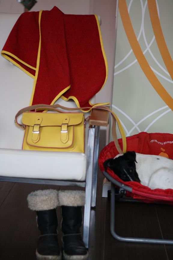 nieuwe gele tas met zelfgemaakte sjaal